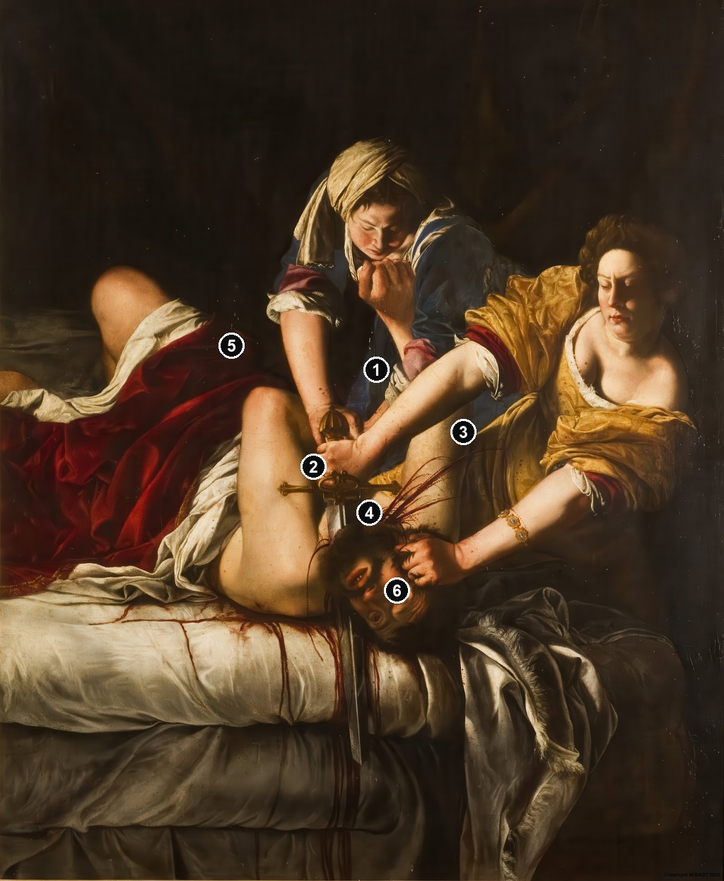 Annotated details from Judith Slaying Holofernes, Florence by Artemisia Gentileschi